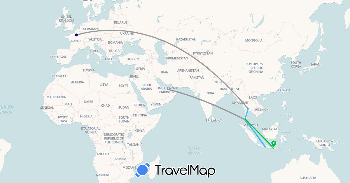 TravelMap itinerary: driving, bus, plane, boat in United Arab Emirates, France, Indonesia, Singapore, Thailand (Asia, Europe)